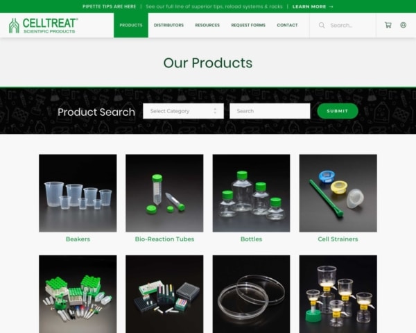 Biotech Web Design Example: Celltreat Products Page.