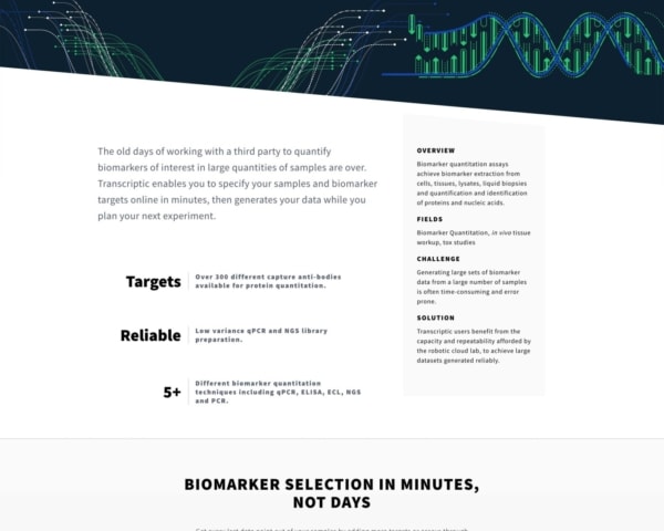 Biotech Web Design Example: Transcriptic Homepage Preview.